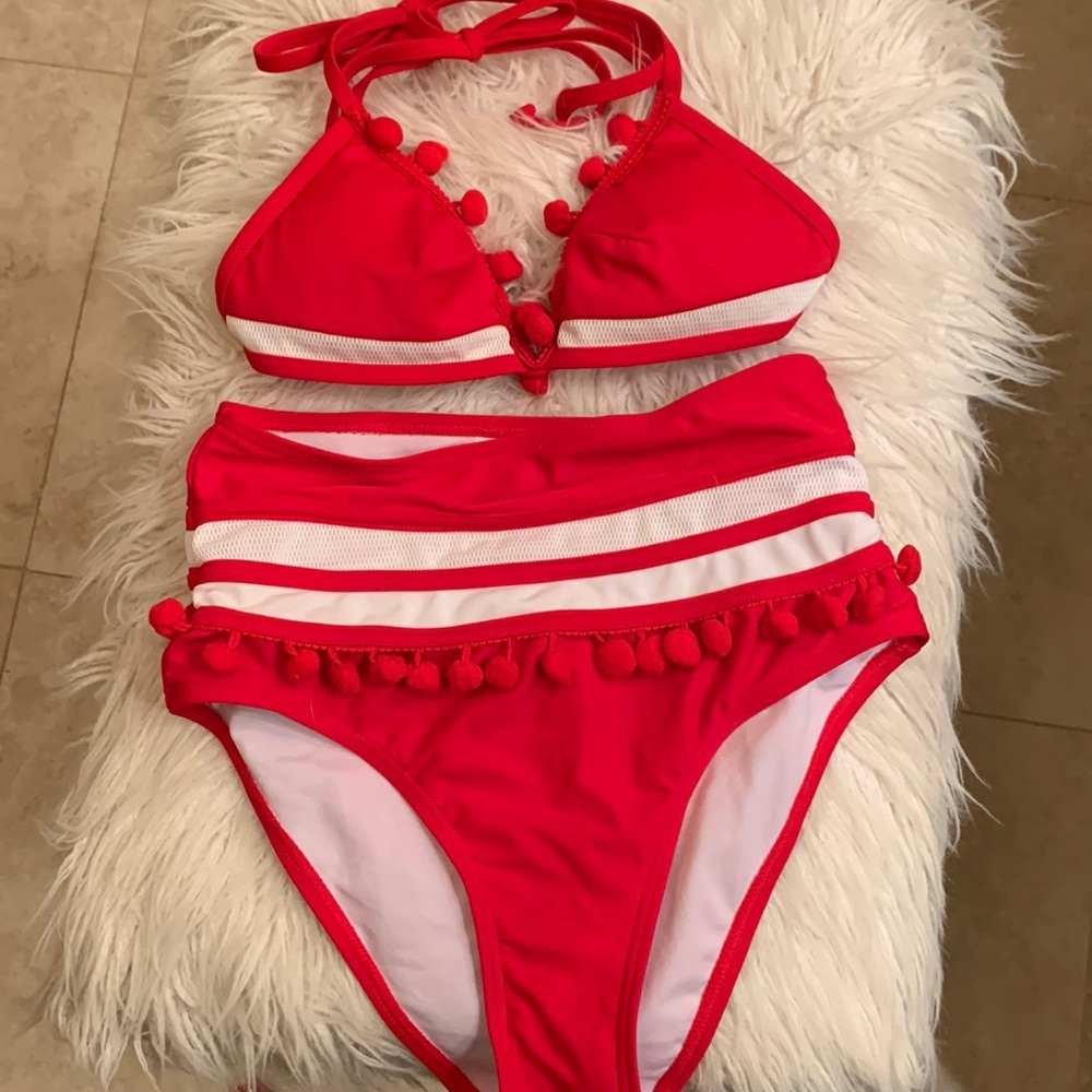 Vintage Style Pom Pom High Waist Bikini
